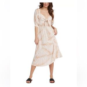 Roxy Tan & White Palm Tree Print Tie Front Casual Summer Midi Dress
